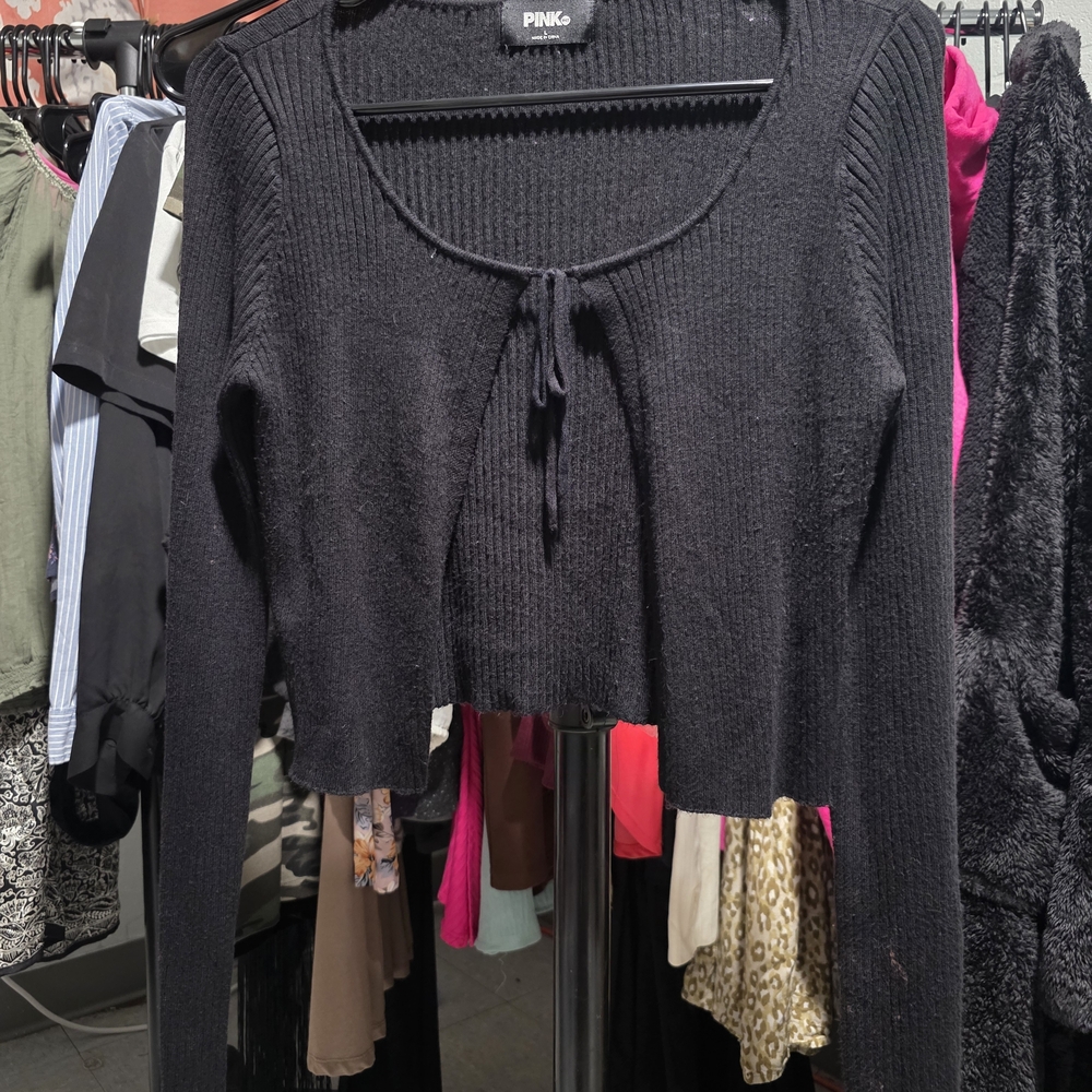 PINK Women's Black Cropped Tie-Front Knit Cardigan